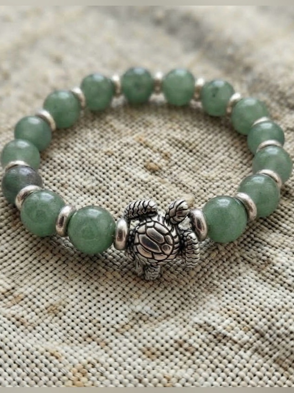 Green Aventurine Beaded Turtle Charm Bracelet